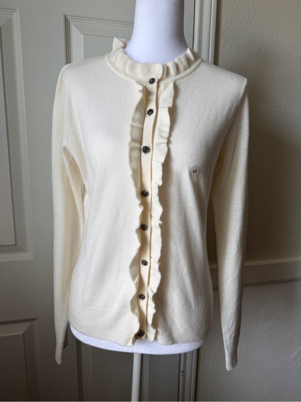 New York & Company Ivory Ruffle Cardigan Jeweled Button NWT Size M